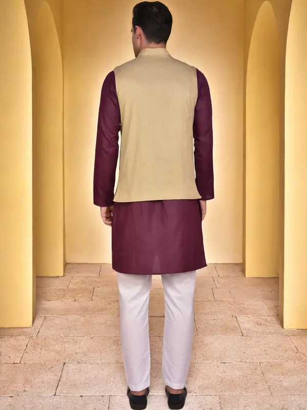 Beige_Nehru_Jacket_With_Maroon_Kurta_Pajama_Set_For_Men