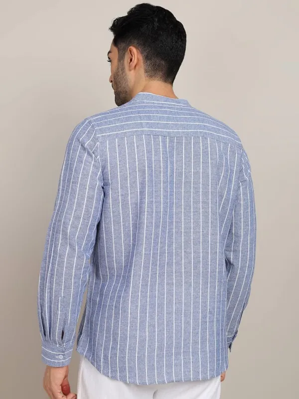 Men's_Blue_Striped_Long_Sleeve_Cotton_Kurta_With_Mandarin_Collar