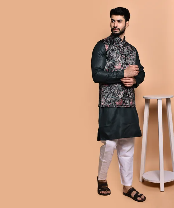 Men's_Black_Kurta_With_Floral_Print_Nehru_Jacket_And_White_Churidar_Set