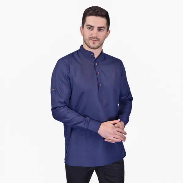 Men's_Navy_Blue_Cotton_Short_Kurta_With_Mandarin_Collar