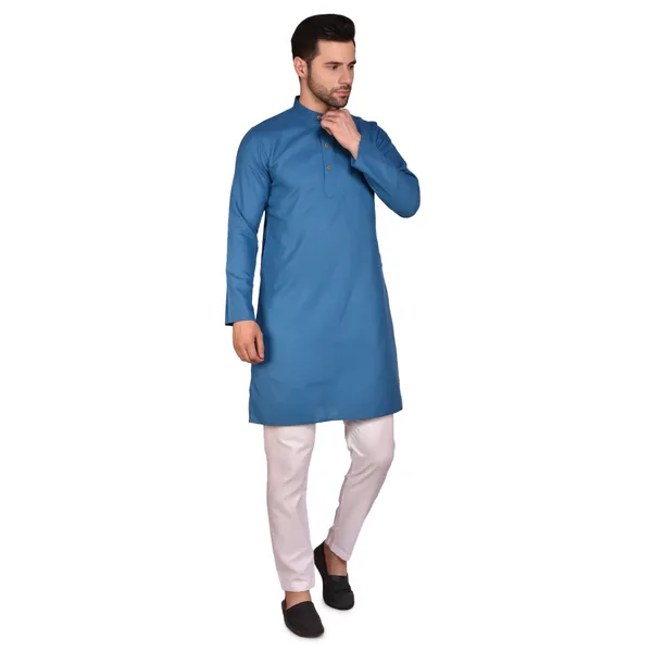 Men's_Blue_Cotton_Kurta_With_White_Pajama_Set_-_Traditional_Ethnic_Wear