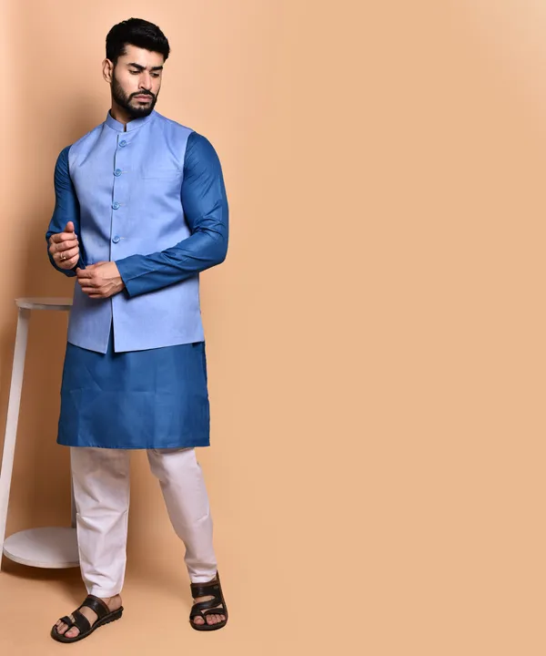 Men's_Blue_Cotton_Blend_Nehru_Jacket_With_Kurta_Set