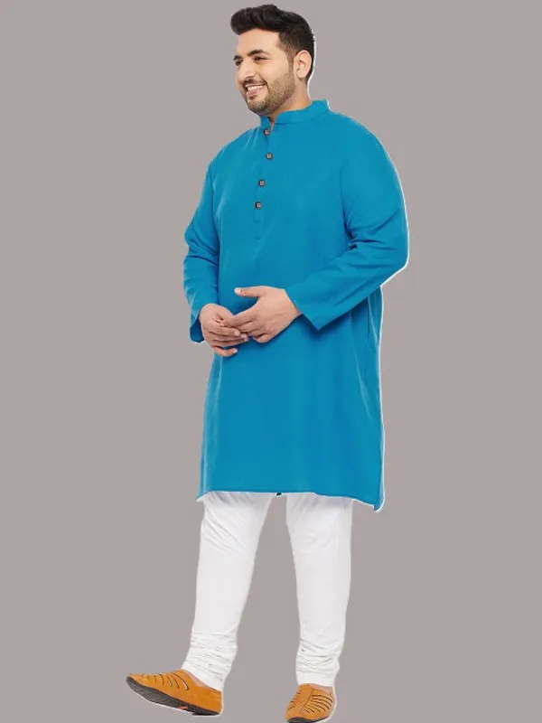 Men's_Turquoise_Blue_Cotton_Kurta_With_Mandarin_Collar_And_Wooden_Buttons