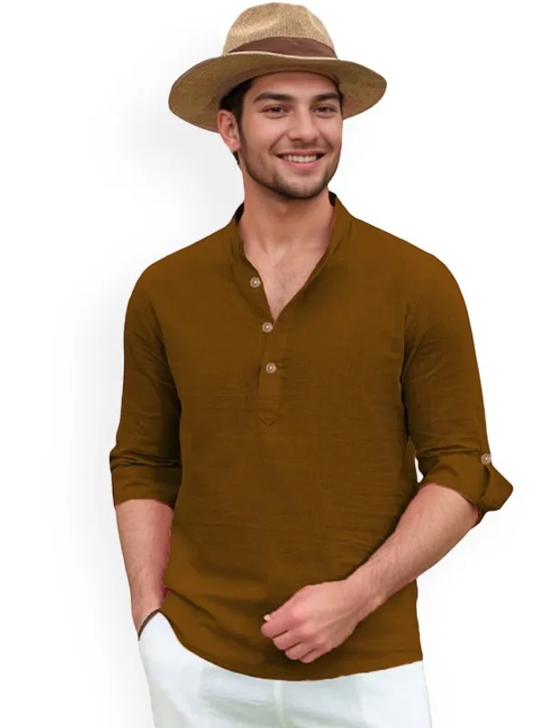 Men's_Mustard_Brown_Long_Sleeve_Henley_Shirt_-_Casual_Cotton_Shirt_With_Button_Placket