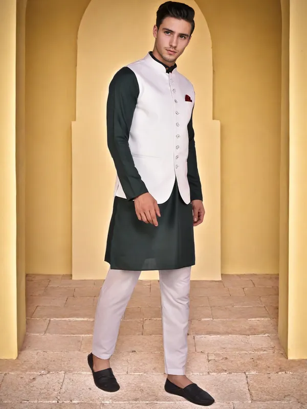 Men's_White_Nehru_Jacket_With_Dark_Green_Kurta_Pajama_Set