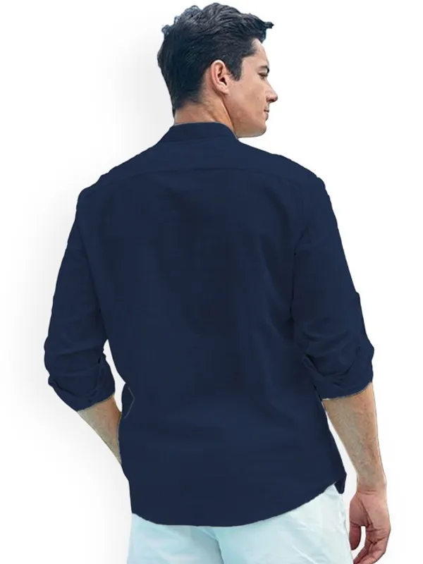 Men's_Navy_Blue_Cotton_Linen_Mandarin_Collar_Casual_Shirt