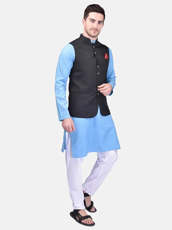 Men's_Ethnic_Kurta_Pajama_With_Nehru_Jacket_Set_-_Blue_And_Black