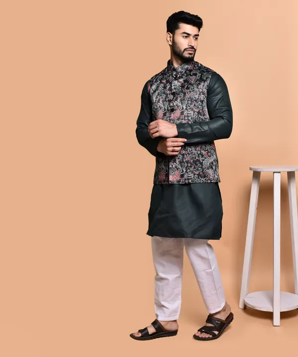 Men's_Black_Kurta_With_Floral_Print_Nehru_Jacket_And_White_Churidar_Set