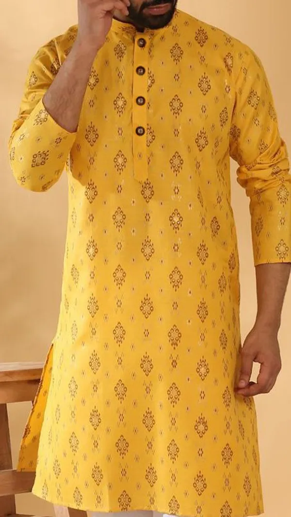 Men's_Yellow_Printed_Cotton_Kurta