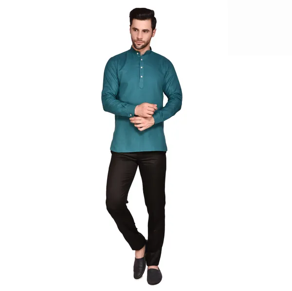 Men's_Teal_Green_Short_Kurta_With_Mandarin_Collar
