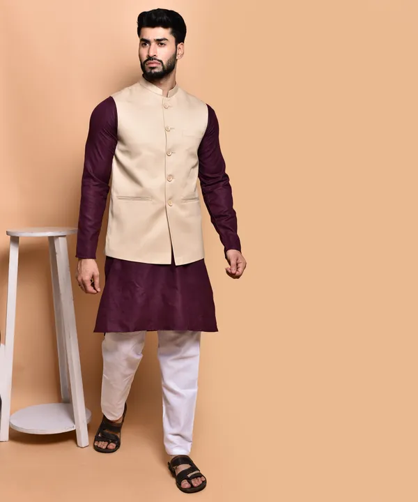 Men's_Ethnic_Nehru_Jacket_Set_-_Beige_Waistcoat_With_Maroon_Kurta_And_White_Pajama