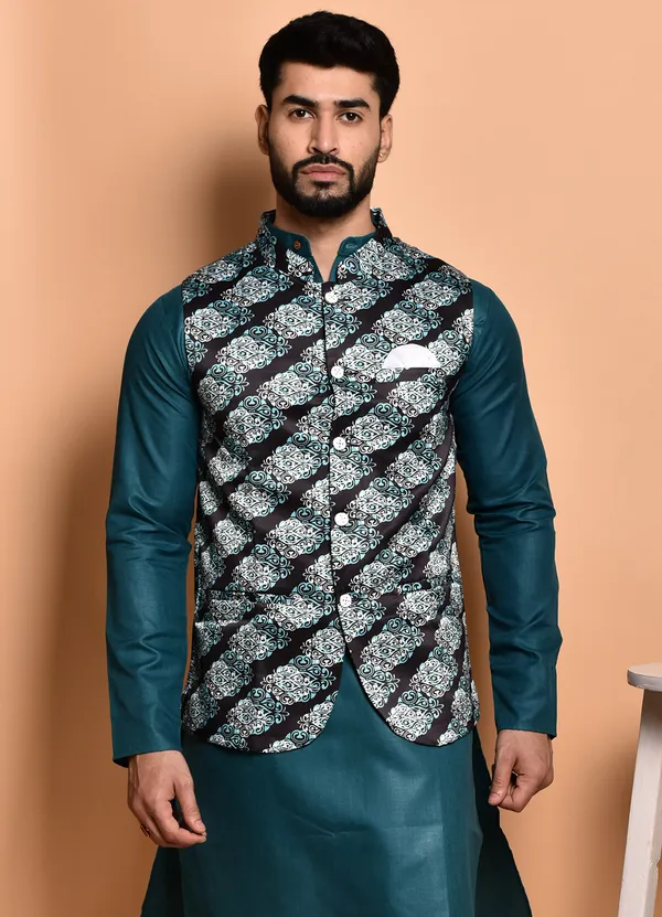 Teal_Blue_Kurta_Set_With_Printed_Nehru_Jacket