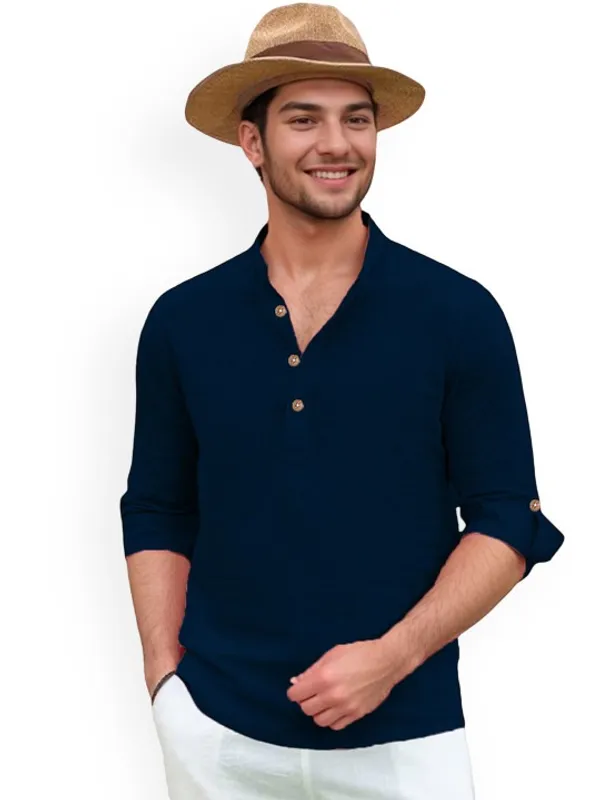 Men's_Navy_Blue_Cotton_Linen_Kurta_With_Mandarin_Collar