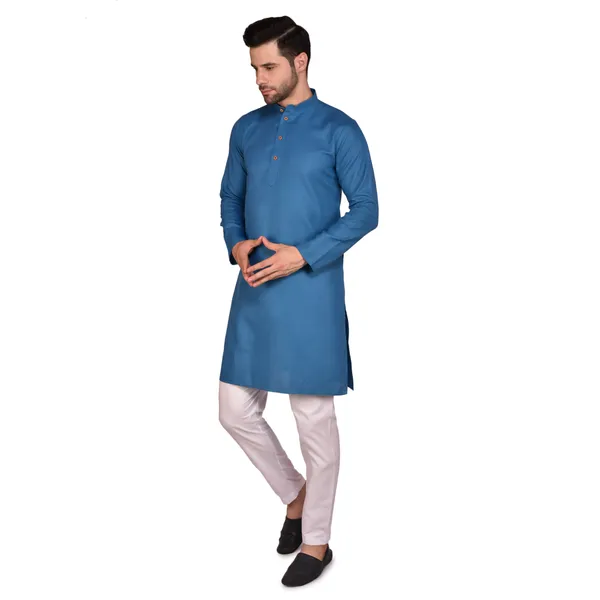 Men's_Blue_Cotton_Kurta_With_White_Pajama_Set_-_Traditional_Ethnic_Wear