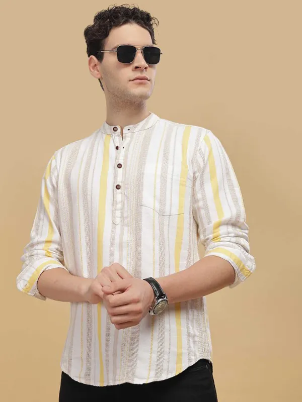 Men's_White_And_Yellow_Striped_Mandarin_Collar_Shirt_With_Button_Placket