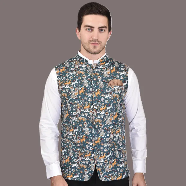 Men's_Floral_Printed_Nehru_Jacket_-_Teal_Blue_With_Multi-Color_Print