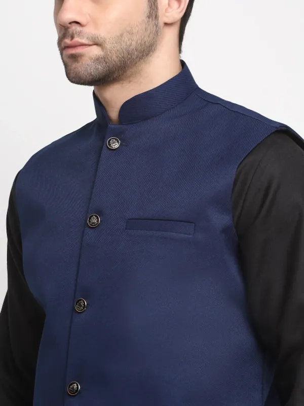 Men's_Navy_Blue_Nehru_Jacket_With_Black_Kurta_Pajama_Set_-_Ethnic_Formal_Wear