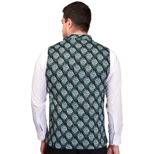 Men's_Green_Printed_Nehru_Jacket_With_White_Pocket_Square