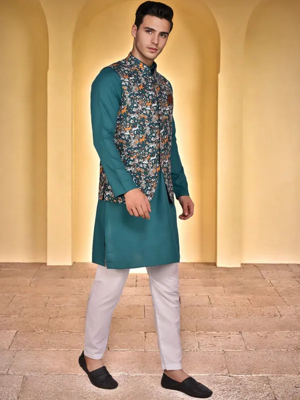 Teal_Kurta_Pajama_With_Floral_Print_Nehru_Jacket_Set_For_Men