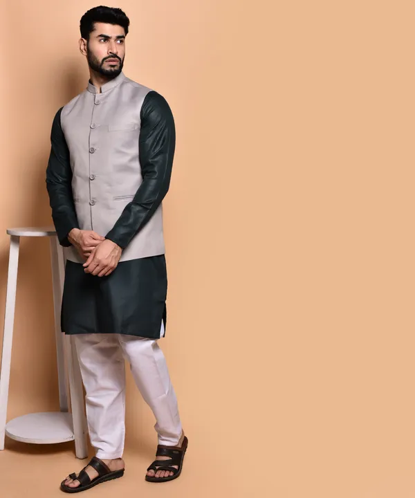 Men's_Beige_Nehru_Jacket_With_Black_Kurta_And_White_Churidar_Set_-_Ethnic_Wear_Combo