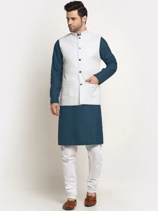 Men's_White_Nehru_Jacket_With_Teal_Blue_Kurta_Pajama_Set