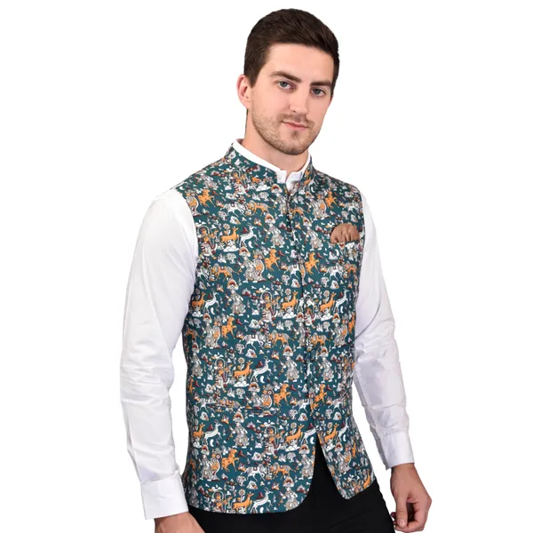 Men's_Floral_Printed_Nehru_Jacket_-_Teal_Blue_With_Multi-Color_Print