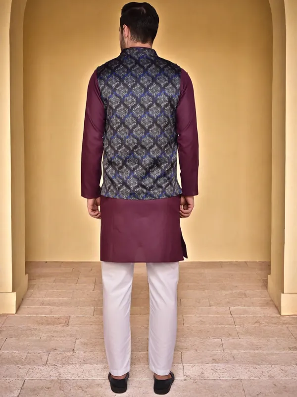 Men's_Maroon_Kurta_With_Printed_Nehru_Jacket_And_White_Churidar_Set