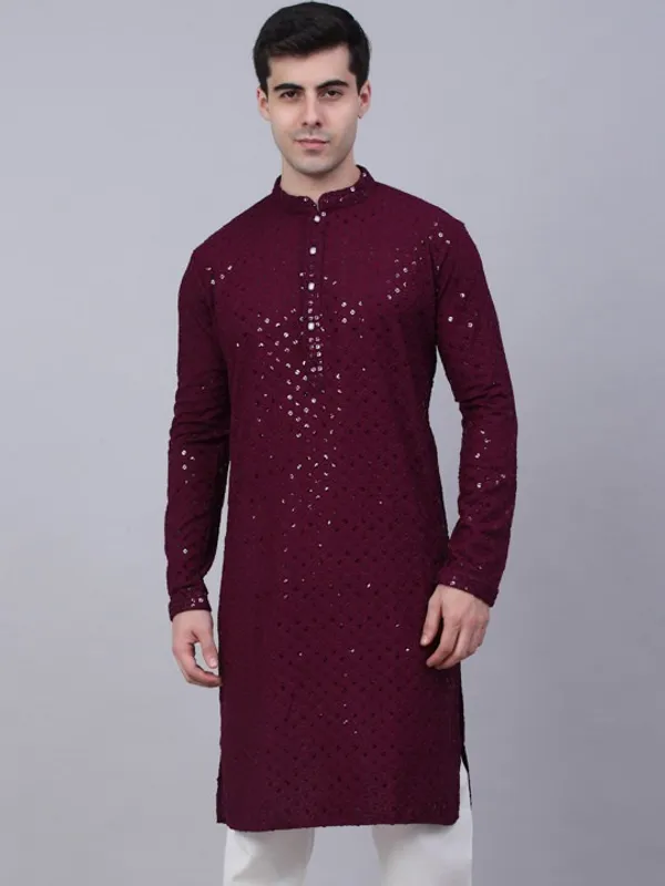 Maroon_Embellished_Kurta_For_Men_-_Ethnic_Wear_With_Sequin_Work