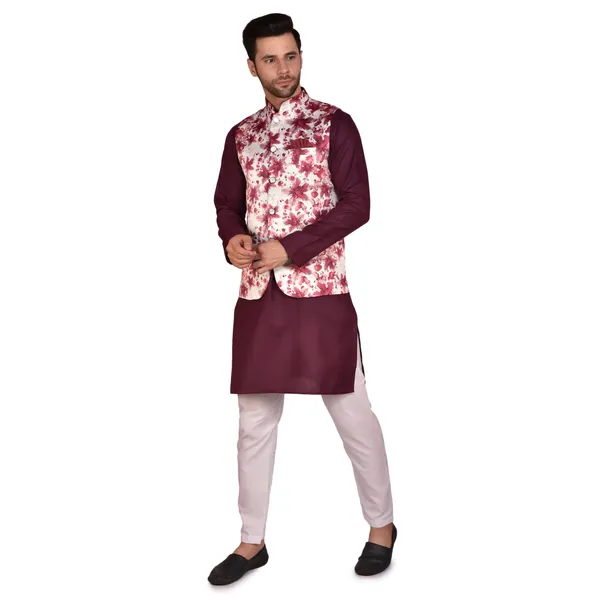 Men's_Maroon_Kurta_With_Floral_Printed_Nehru_Jacket_And_White_Churidar_Set