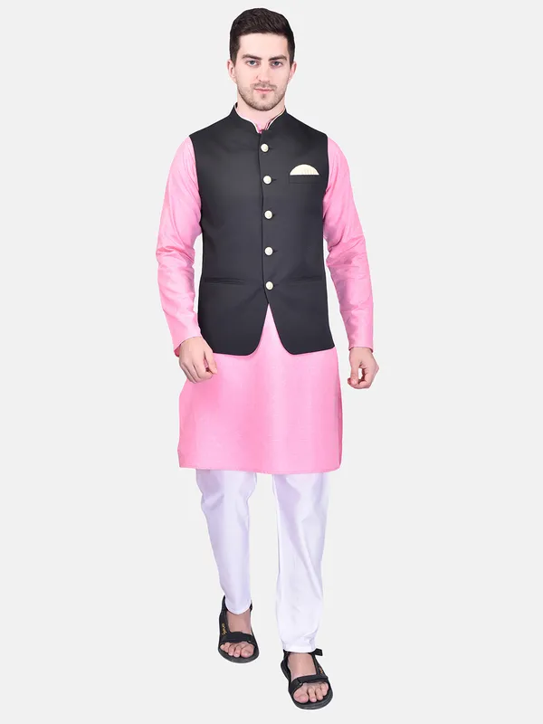 Pink_Kurta_With_Black_Nehru_Jacket_And_White_Churidar_Set_For_Men