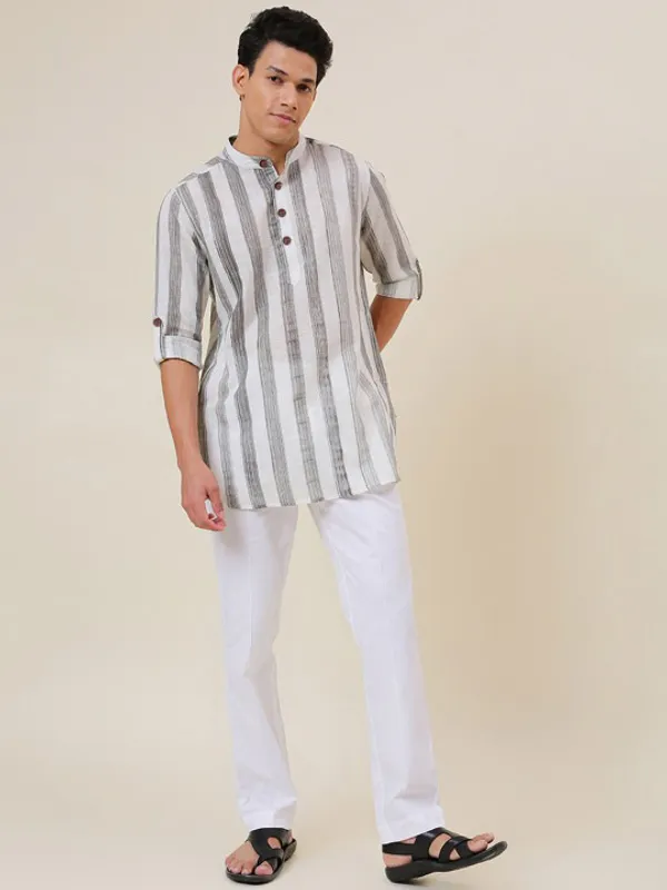Men's_White_And_Grey_Vertical_Striped_Mandarin_Collar_Short_Kurta_With_White_Pants