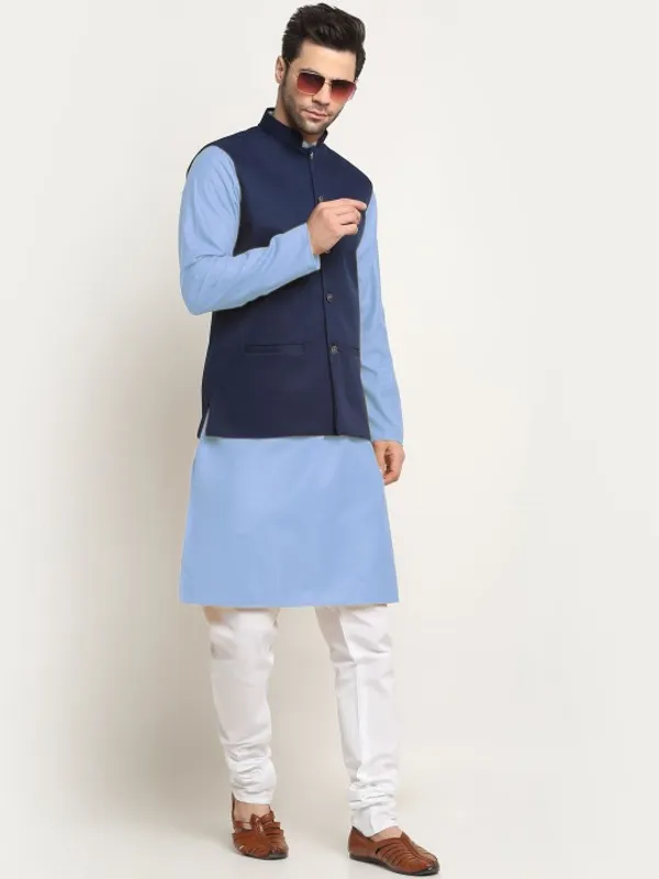 Men's_Traditional_Ethnic_Wear_Set_-_Navy_Blue_Nehru_Jacket_With_Sky_Blue_Kurta_And_White_Churidar