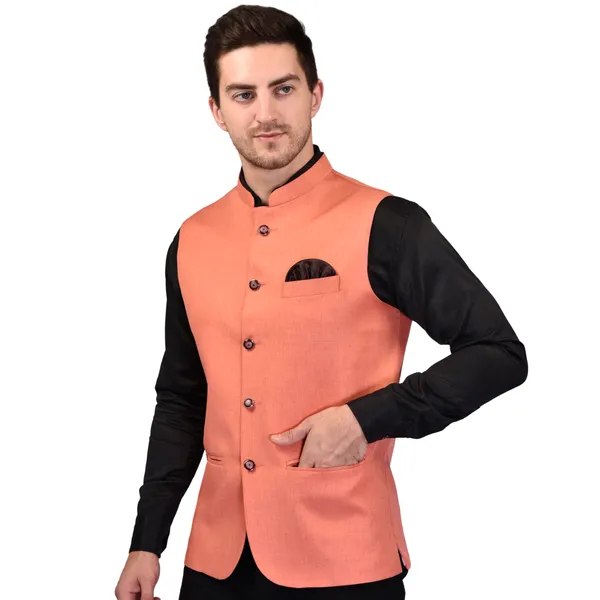 Peach_Nehru_Jacket_With_Black_Contrast_Collar_And_Pocket_Square