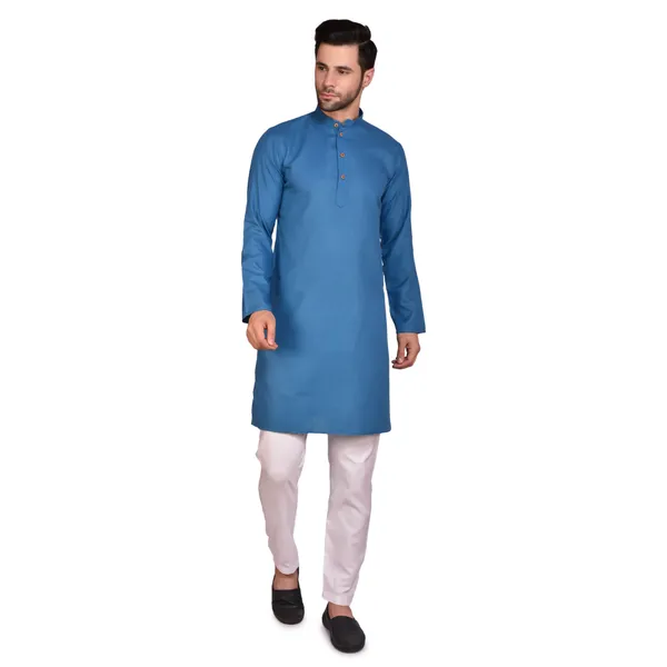Men's_Blue_Cotton_Kurta_With_White_Pajama_Set_-_Traditional_Ethnic_Wear