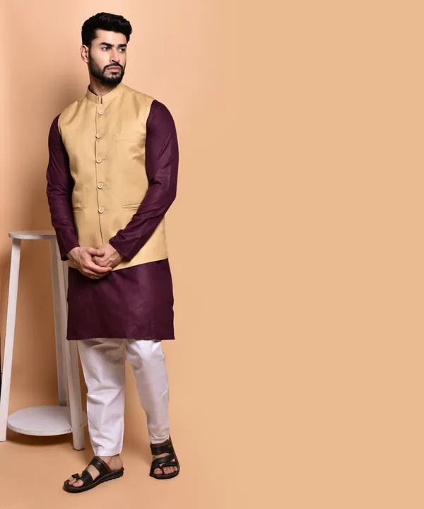 Men's_Ethnic_Kurta_Set_With_Nehru_Jacket_-_Maroon_And_Beige