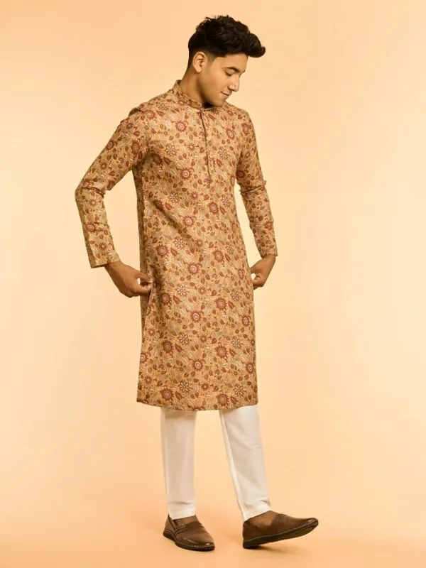 Men's_Beige_Floral_Printed_Cotton_Kurta_With_Mandarin_Collar