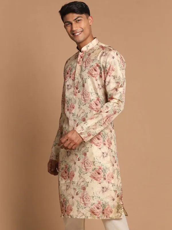 Floral_Print_Men's_Kurta_-_Cream_With_Pink_Rose_Pattern
