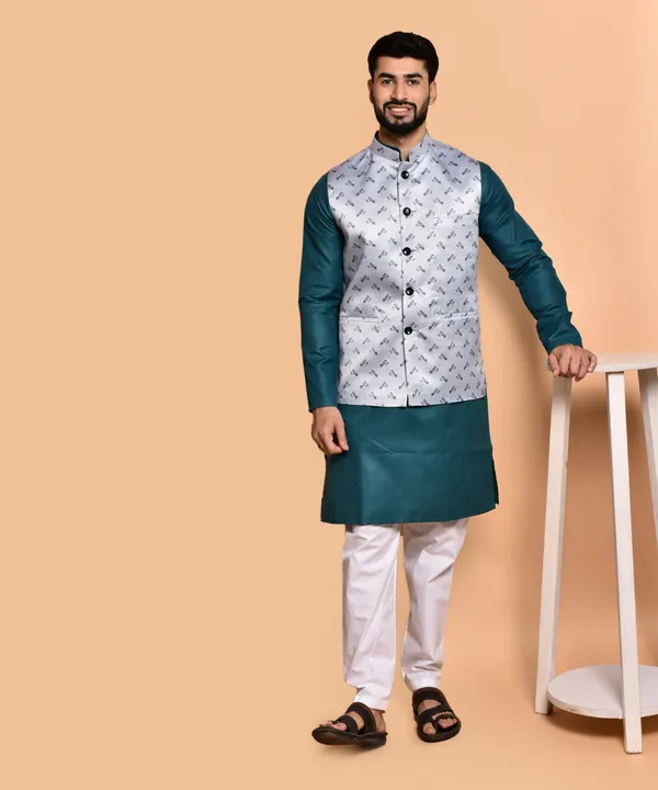 Men's_Ethnic_Nehru_Jacket_Set_-_Teal_Kurta_With_Grey_Printed_Waistcoat