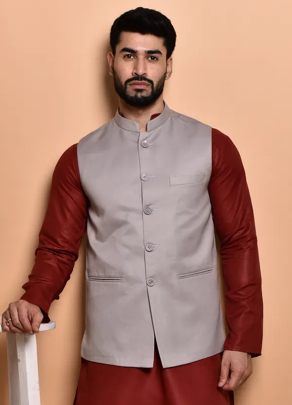 Men's_Ethnic_Nehru_Jacket_Set_-_Grey_&_Maroon_Kurta_With_White_Churidar