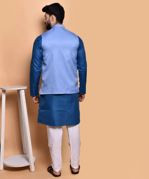 Men's_Blue_Cotton_Blend_Nehru_Jacket_With_Kurta_Set