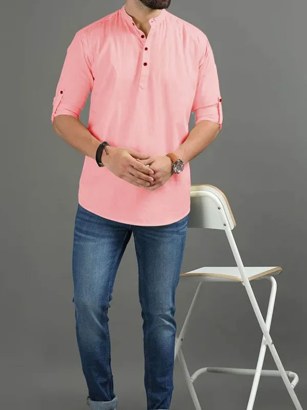 Men's_Pink_Band_Collar_Cotton_Shirt_With_Roll-Up_Sleeves