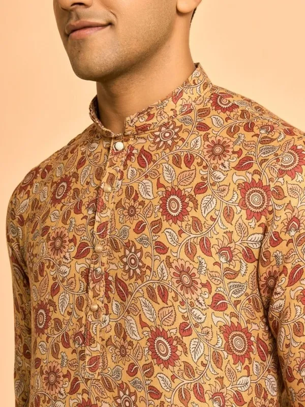 Men's_Beige_Floral_Printed_Cotton_Kurta_With_Mandarin_Collar