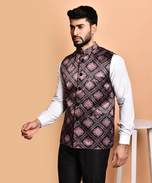 Men's_Ethnic_Nehru_Jacket_With_Printed_Geometric_Design_-_Pink_And_Black