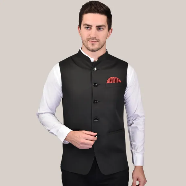 Men's_Black_Nehru_Jacket_With_Red_Pocket_Square