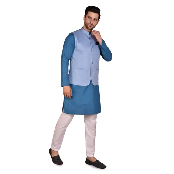 Men's_Ethnic_Kurta_Pajama_Set_With_Nehru_Jacket_-_Blue