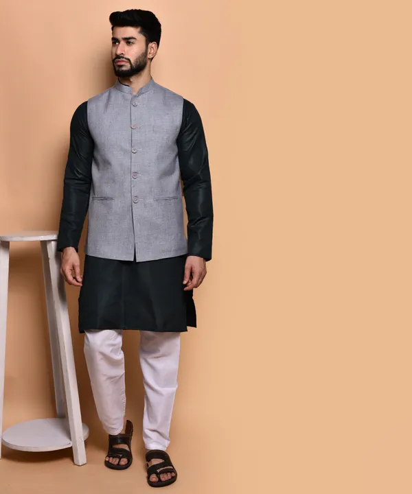 Men's_Beige_Nehru_Jacket_With_Black_Kurta_And_White_Churidar_Set_-_Ethnic_Wear_Combo