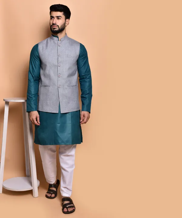 Grey_Linen_Nehru_Jacket_With_Teal_Kurta_Set_For_Men