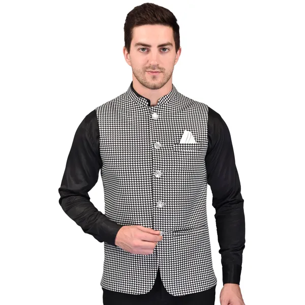Men's_Black_And_White_Houndstooth_Nehru_Jacket_With_Pocket_Square