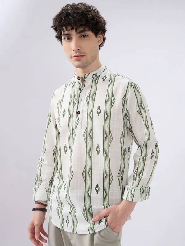 Men's_White_And_Green_Vertical_Striped_Mandarin_Collar_Shirt