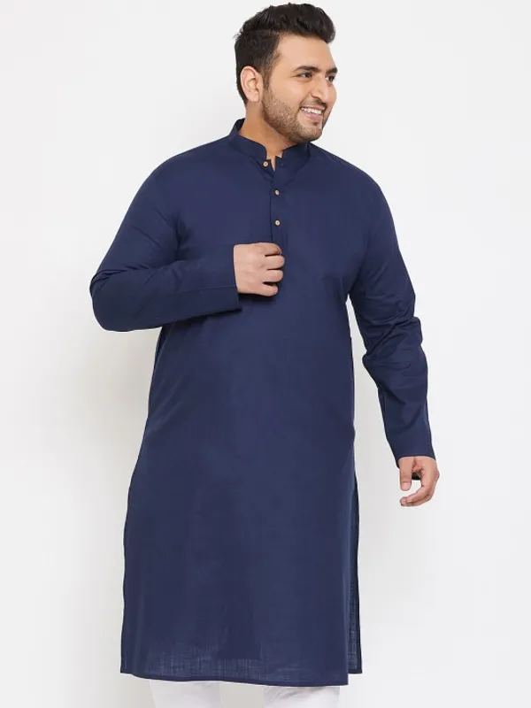 Men's_Navy_Blue_Solid_Cotton_Kurta_With_Mandarin_Collar